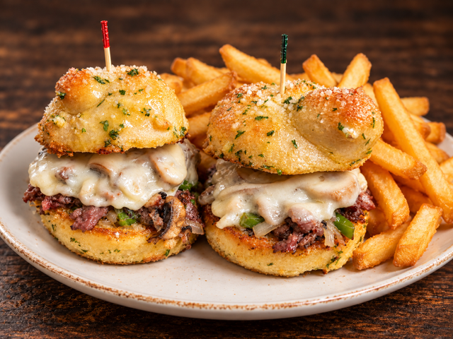 Garlic Knot Steak & Cheese Slider.