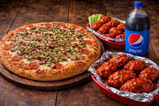 Large 1 Topping, 20 Boneless Wings & 2 Liter.